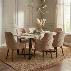 6-Seater Diamond Cut Dining Set | Solid Wood & Boucle Fabric