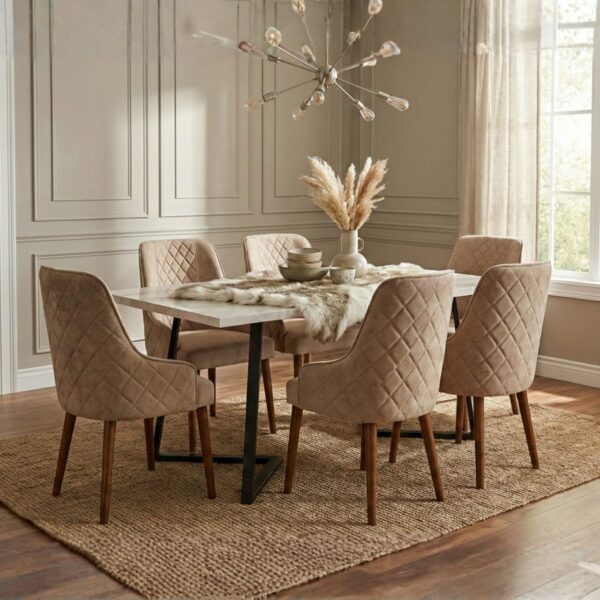 6-Seater Diamond Cut Dining Set | Solid Wood & Boucle Fabric
